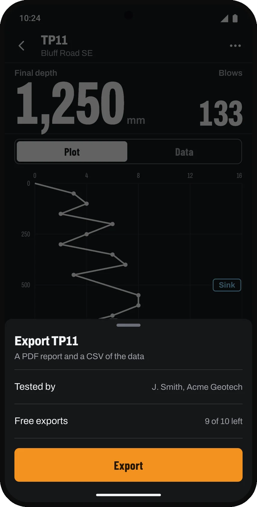 Exporting a test as a PDF report and CSV.