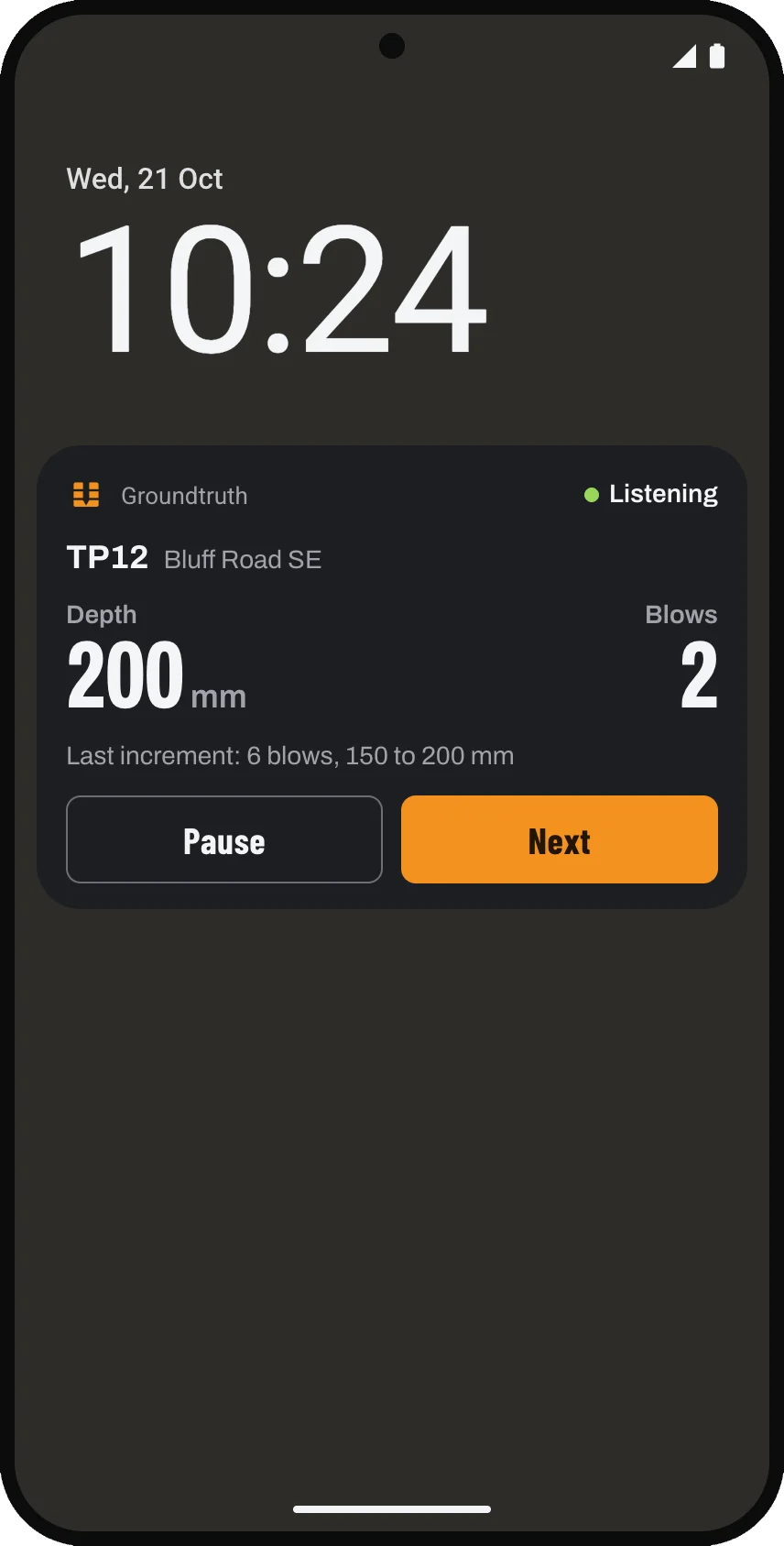 The lock screen during a test, showing depth, blows and the last increment.