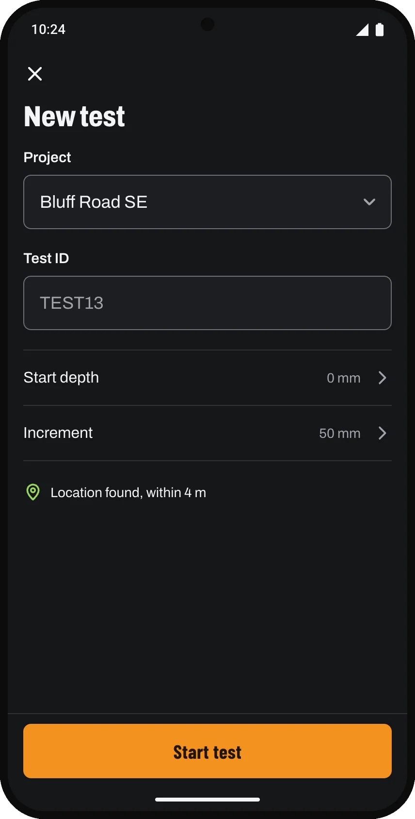 New test: project, test ID, start depth and increment.