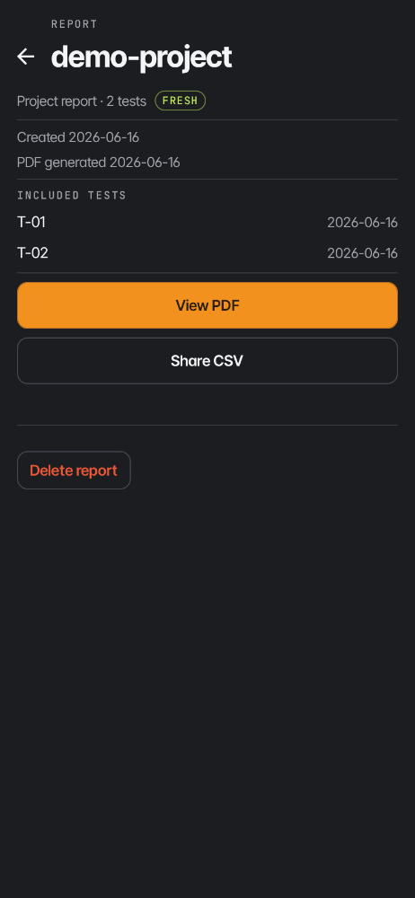 Groundtruth report detail screen showing a fresh project report ready to view or share as CSV.
