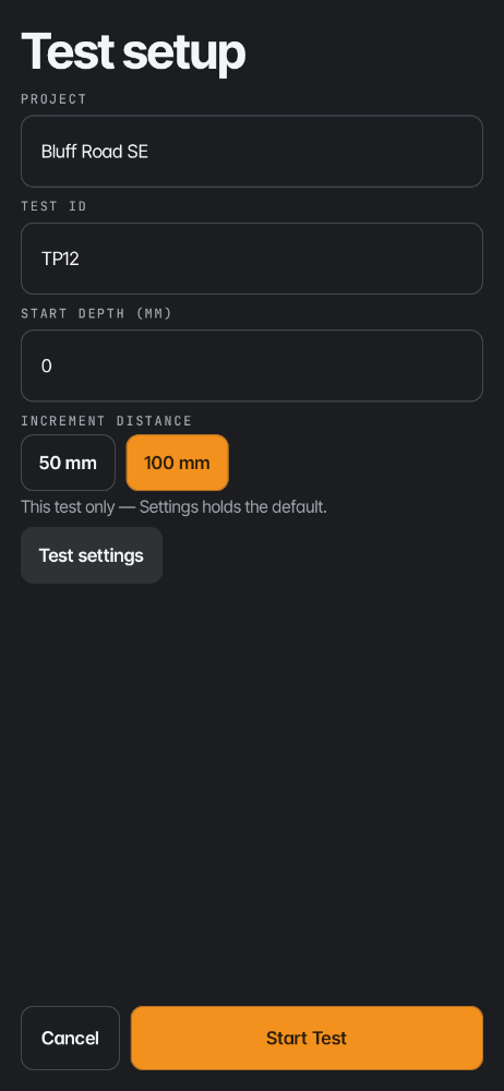 Groundtruth test setup screen filled with a project, test ID, start depth, and increment distance.